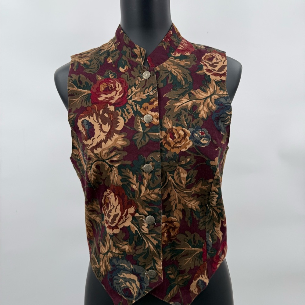 Sleeveless Burgundy Floral Button-Front‎ Vest vintage